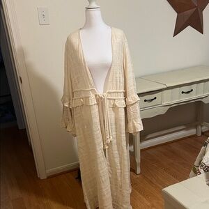 Cream Long Kimono with Ruffle Details